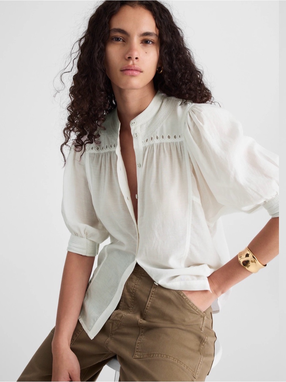 Madewell Puff-Sleeve Band-Collar Shirt, white on white detailing, short sleeve